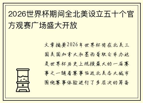 2026世界杯期间全北美设立五十个官方观赛广场盛大开放